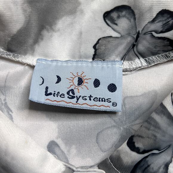Vintage 90s Life Systems Black & White Butterfly Print Shirt Polyester Button Up - Picture 2 of 6